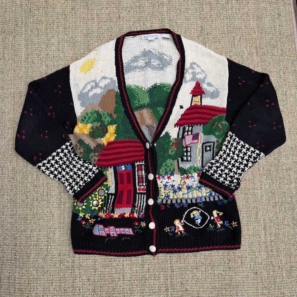 🏫🌻 Heirlooms Vintage Hand Knit Schoolhouse Cardigan | Size S | Black Multi